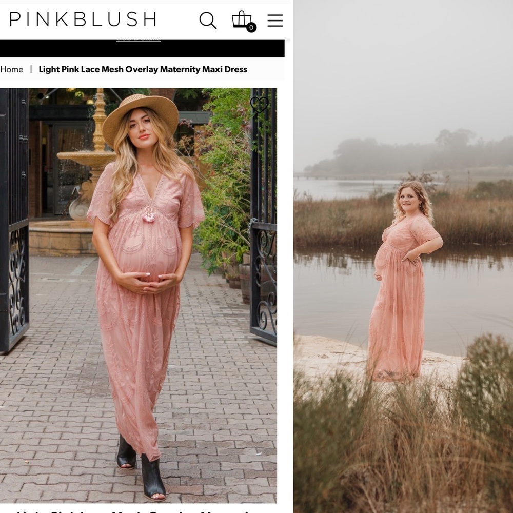 PinkBlush Light Pink Lace Mesh Overlay Maternity Maxi Dress (XL)